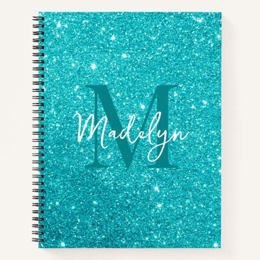 Carnet  sparkles Blue glitter monogram name girly (Devant)
