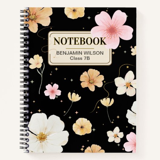 Carnet spiral noir et beige Floral (Devant)