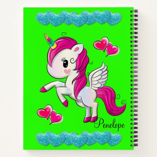 Carnet spirale Bleu Coeurs Unicorne Vert (Dos)