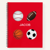 CARNET "SPORTS" PORTABLE SPIRALE AVEC NOM D'ENFANT. (Devant)