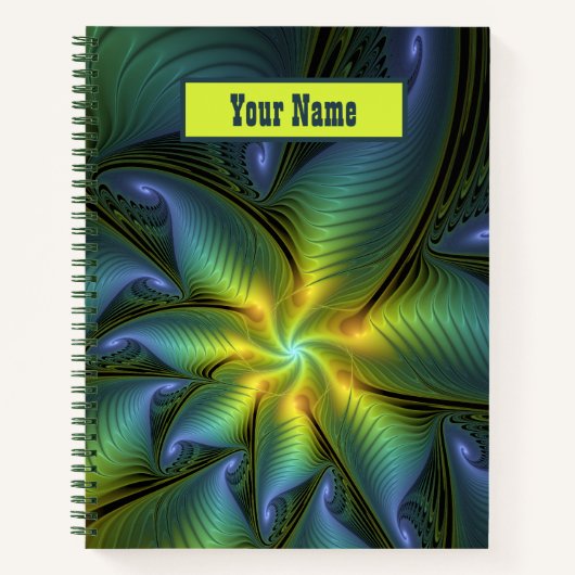 Carnet Star Abstrait bleu brillant Vert or Fractal Nom (Devant)