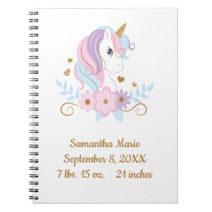 Carnet Statistiques de naissance Licorne Rose Bleu Or, Fé