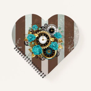 Carnet Steampunk Clock and Turquoise Roses on Striped