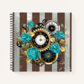 Carnet Steampunk Clock and Turquoise Roses on Striped (Devant)