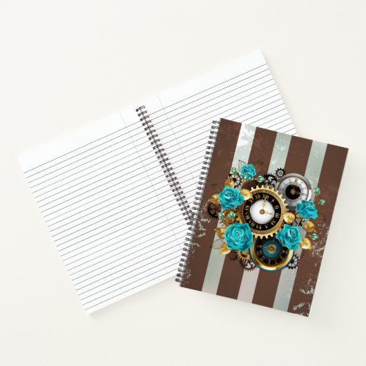 Carnet Steampunk Clock and Turquoise Roses on Striped (Intérieur)