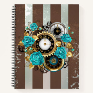 Carnet Steampunk Clock and Turquoise Roses on Striped