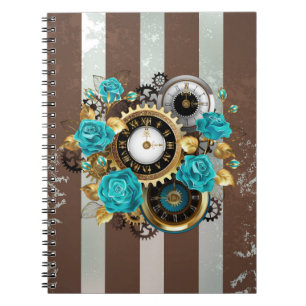 Carnet Steampunk Clock and Turquoise Roses on Striped