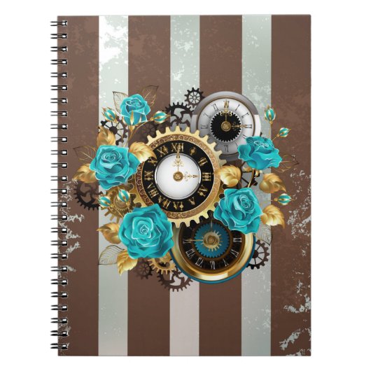 Carnet Steampunk Clock and Turquoise Roses on Striped (Devant)