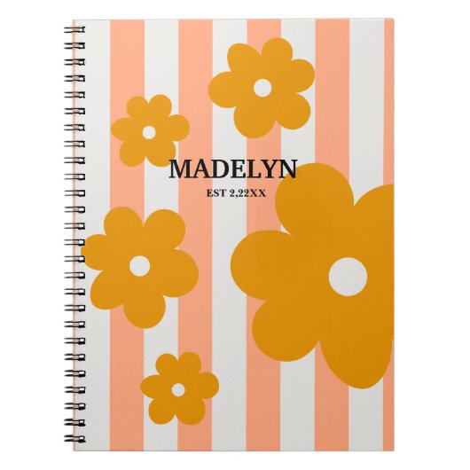 Carnet Stripes roses et Fleurs jaunes Script personnalisé (Devant)