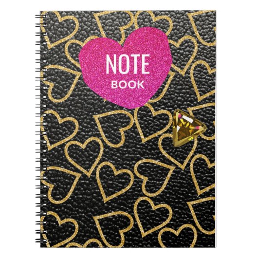 Carnet style en cuir noir faux avec coeur or, (Devant)