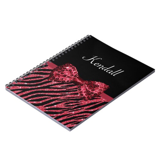 Carnet Style Red Zebra Print FAUX Glitz Bow avec nom (Côté gauche)