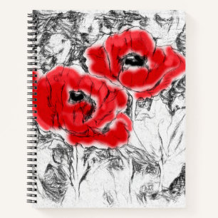 Carnet Stylo dessiné à la main des pavots rouges fleurs f