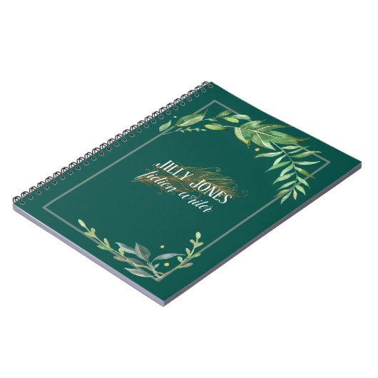 Carnet Stylo en plumes et cadre feuillu en vert épinette (Côté gauche)