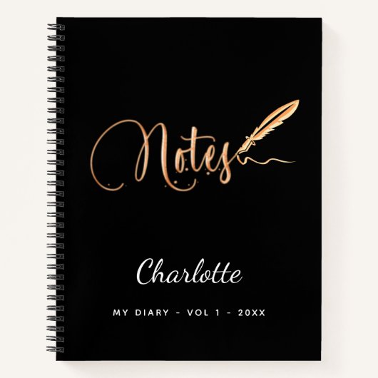 Carnet Stylo noir or élégant nom de script (Devant)