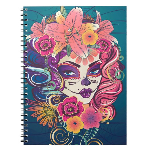 Carnet Sugar crâne femme en portrait de couronne de fleur (Devant)