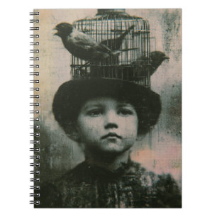 Carnet Surréaliste Oiseau en Cage et Enfant Rétro en Noir