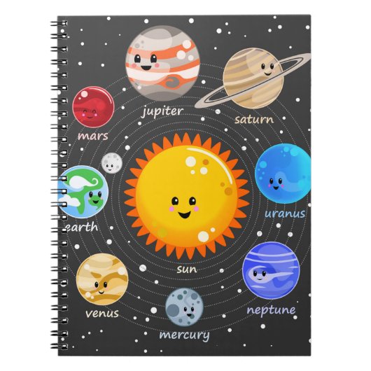 Carnet Système solaire Kawaii joyeux planètes étoiles gra (Devant)