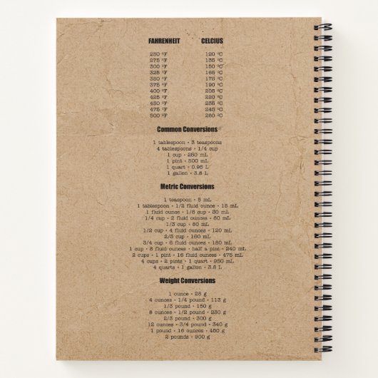 Carnet Tableau de conversion de mesures Rustic Kraft Rece (Dos)