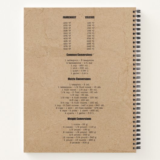 Carnet Tableau de conversion des mesures de Rustic Kraft  (Dos)