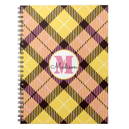 Carnet Tartan rose jaune chic Monogramme Nom du script (Devant)
