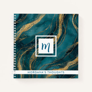 Carnet Teal and Gold Swirls Monogram Square