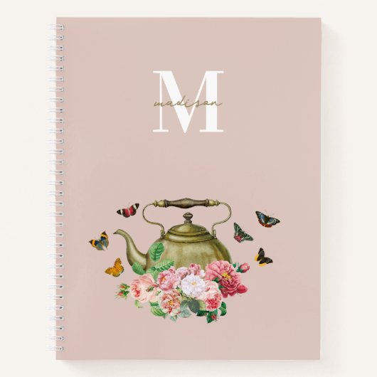 Carnet Teapot Party rose Floral & Papillons Monogramme (Devant)