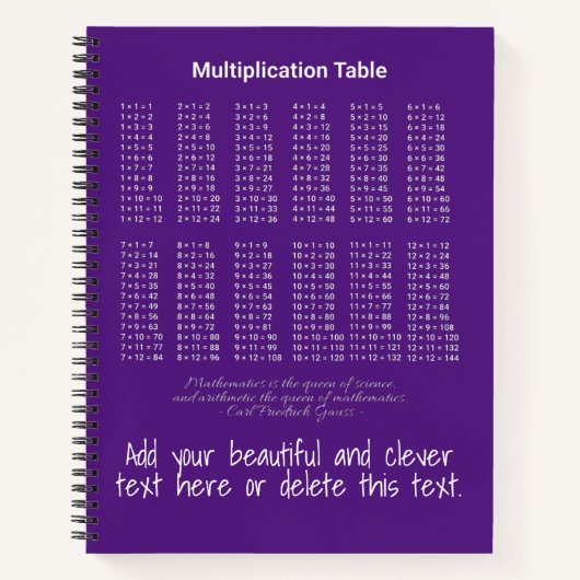 Carnet Texte blanc du tableau de multiplication sur foncé (Devant)