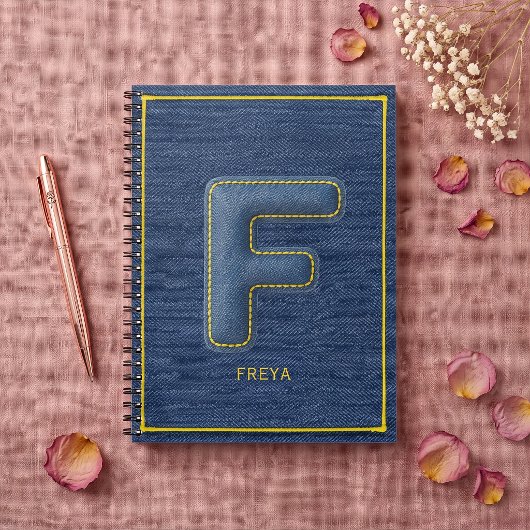 Carnet Texture de denim bleu monogramme initiale F nom