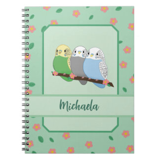 Carnet Three Cute Budgies Floral Cherry Spiral Notebook
