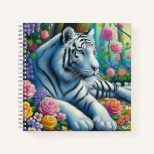 Carnet Tigre blanc en Forêt avec Fleurs Turquoise rose co