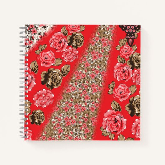 Carnet Tissu rouge éclatant avec floral complexe et (Devant)