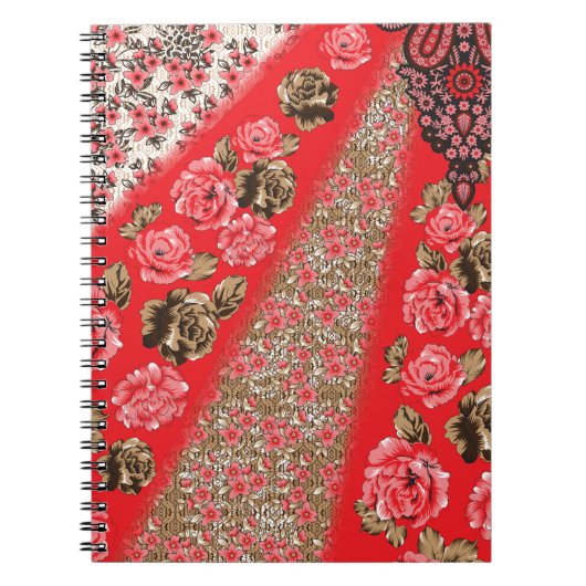 Carnet Tissu rouge éclatant avec floral complexe et (Devant)