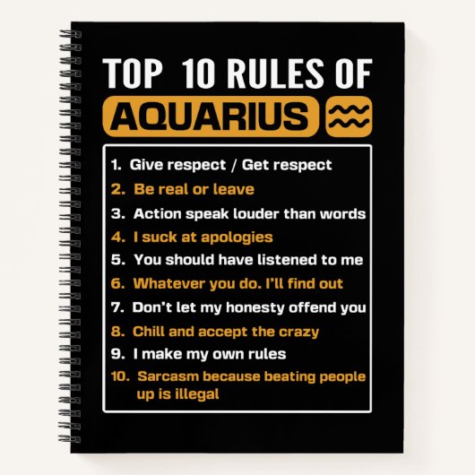 Carnet Top 10 règles d'Aquarius, Funny Aquarius 10 règles (Devant)