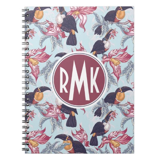 Carnet Toucans avec le monogramme exotique des fleurs | (Devant)