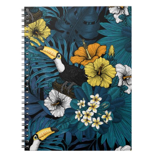 Carnet Toucans et flore tropicale, bleu, jaune, orange (Devant)