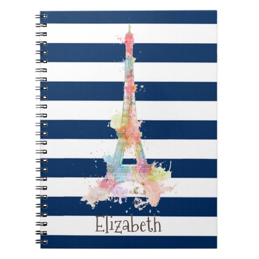 Carnet Tour Eiffel colorée rayures bleu marine (Devant)