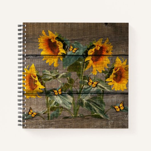 Carnet Tournesols Papillons Panneau Bois Rustique (Devant)