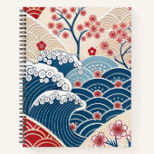 Carnet Traditional Red Blue Japanese Wave Sakura Pattern (Devant)