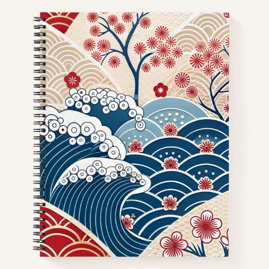 Carnet Traditional Red Blue Japanese Wave Sakura Pattern (Devant)