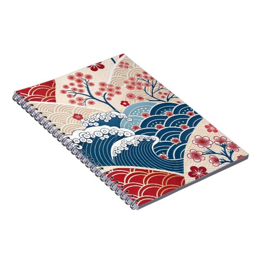 Carnet Traditional Red Blue Japanese Wave Sakura Pattern (Côté Droit)