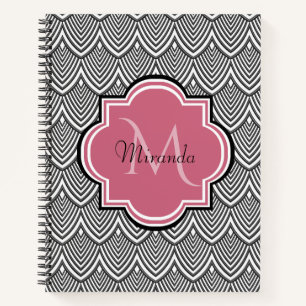 Carnet Trendy Black Arched Scallops Pink Monogramme Nom