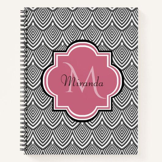Carnet Trendy Black Arched Scallops Pink Monogramme Nom (Devant)