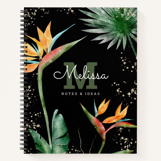 Carnet Tropical Island Floral Black Gold Monogramme Scrip (Devant)