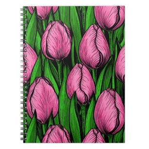 Carnet Tulières roses avec feuilles verts