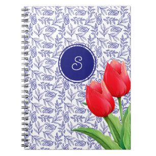 Carnet Tulipes rouges élégantes Monogramme bleu floral de