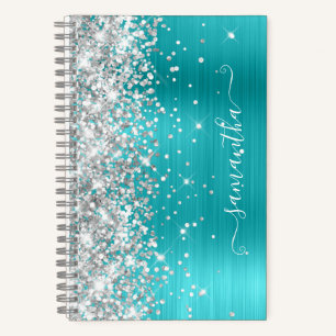 Carnet Turquoise Bleu Pailleté Argenté Signature Féminine
