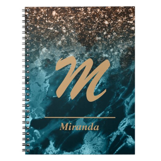 Carnet Turquoise Blue Agate parties scintillant Monogramm (Devant)