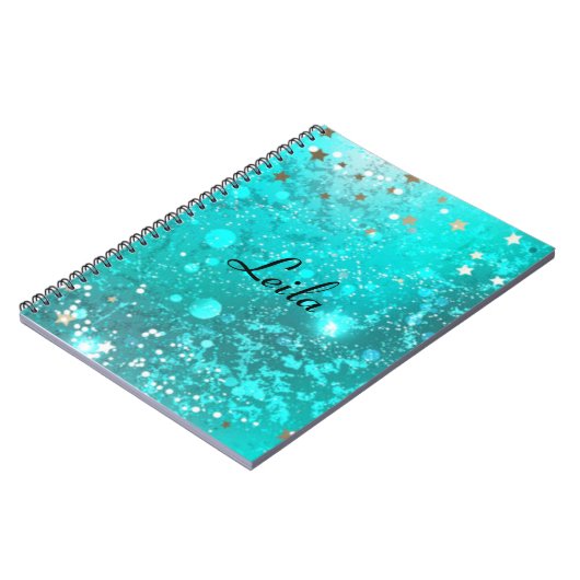 Carnet Turquoise Blue Sparkly Parties scintillant Nom Aqu (Côté gauche)