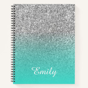 Carnet Turquoise et Argent Ombré Paillettes Personnalisé
