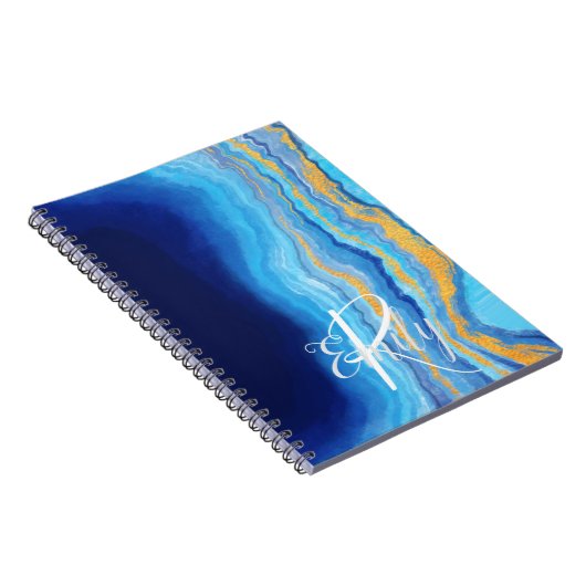 Carnet Turquoise et bleu Agate Marbre Nom Abstrait Monogr (Côté Droit)